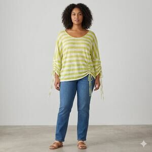 Coldwater Creek Chartreus White Stripe 100% Linen 3/4 Sleeve Top Women's 1